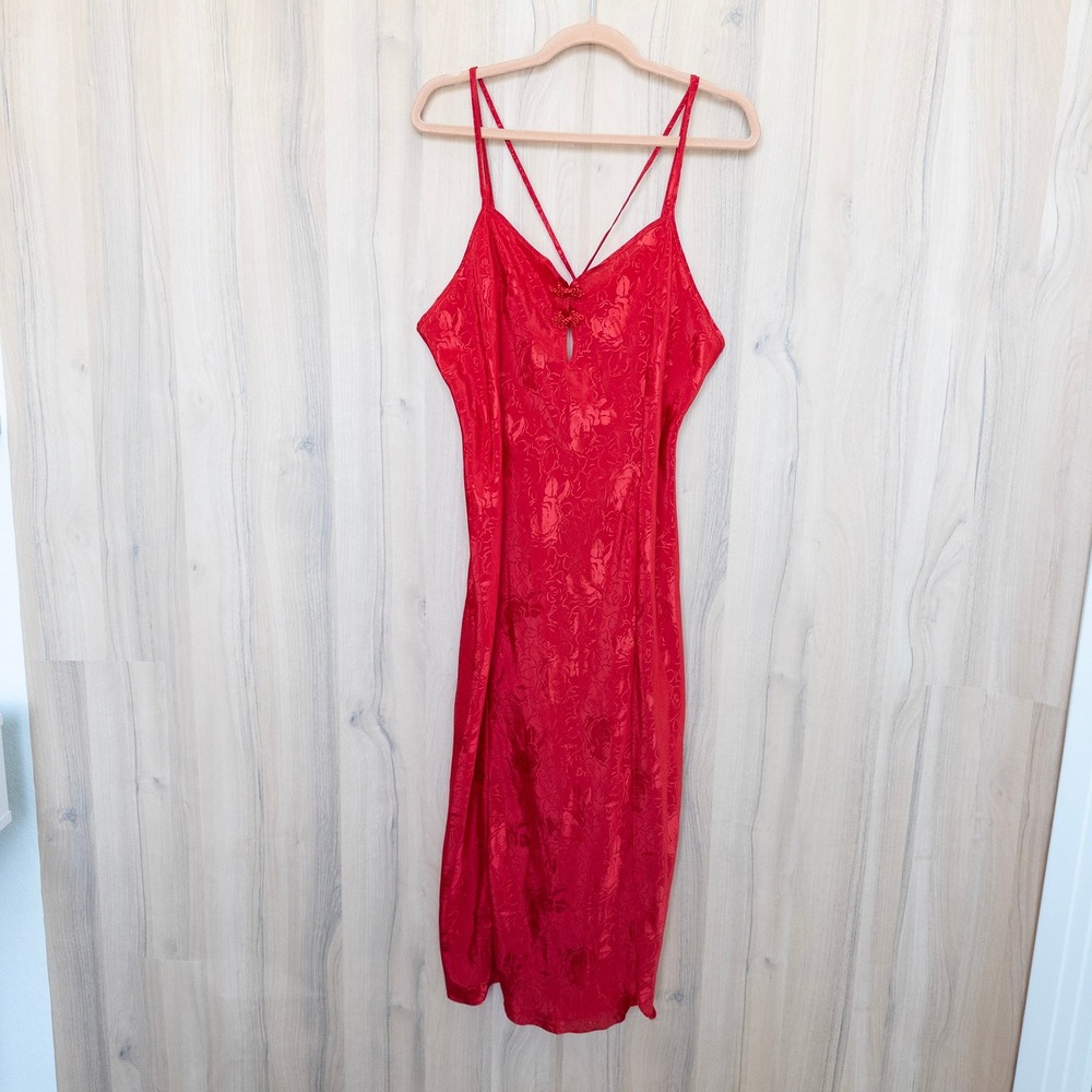Vintage Expressions Slip‎ Dress Large Red Floral Satin Frog Knot Y2K Coquette